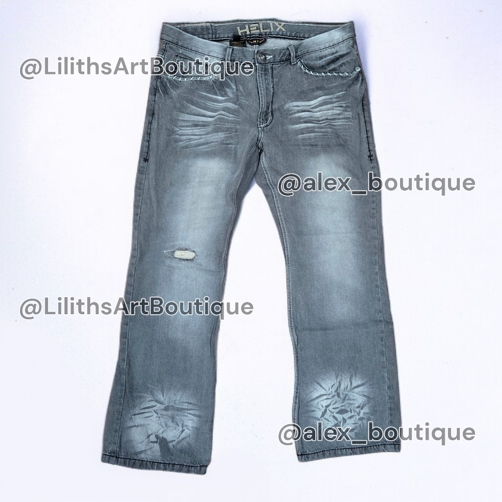 Helix Slim Bootcut Gray Distressed Denim Jeans Men’s 36x30 (A082)